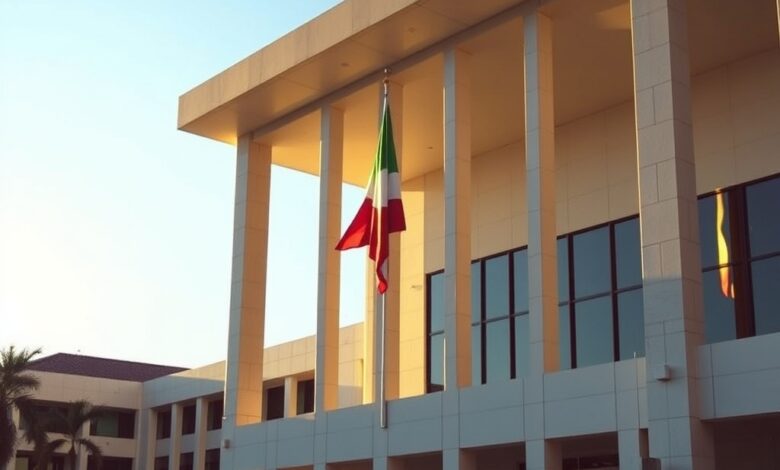 Fachada moderna de um tribunal de justiça com bandeira ao vento sob luz suave