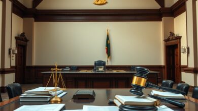 Fachada sóbria de um tribunal com colunas clássicas e documentos legais dispostos sobre uma mesa de escritório.