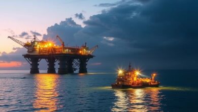 Plataforma flutuante de gás natural liquefeito a operar no oceano ao entardecer sob águas calmas.