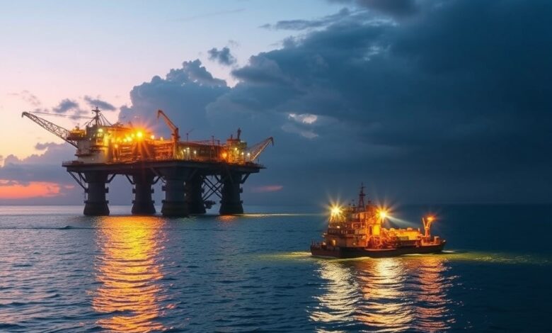 Plataforma flutuante de gás natural liquefeito a operar no oceano ao entardecer sob águas calmas.