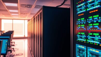 Servidores de dados e ecrãs informáticos num centro de tecnologia governamental iluminado por luzes azuis.