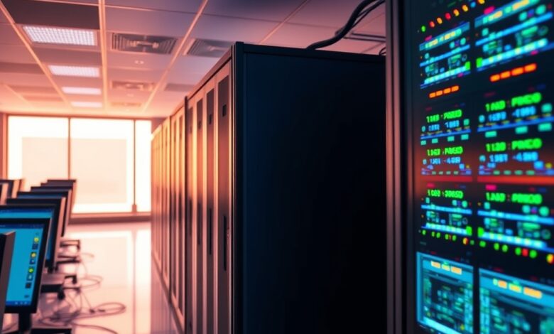 Servidores de dados e ecrãs informáticos num centro de tecnologia governamental iluminado por luzes azuis.