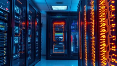 Servidores modernos de computação avançada e circuitos iluminados num centro de dados de inteligência artificial.