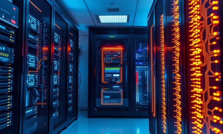 Servidores modernos de computação avançada e circuitos iluminados num centro de dados de inteligência artificial.