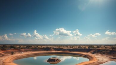 Reservatório de água com níveis reduzidos sob um céu ensolarado numa paisagem semiárida em Moçambique.