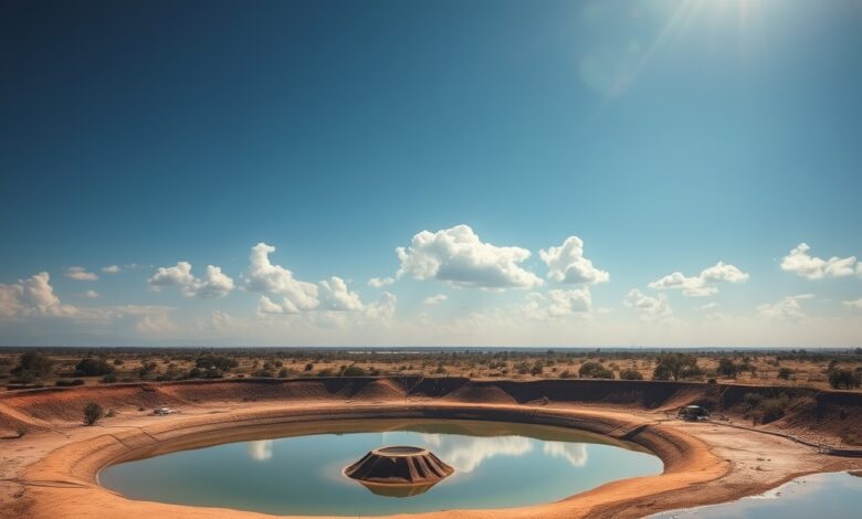 Reservatório de água com níveis reduzidos sob um céu ensolarado numa paisagem semiárida em Moçambique.