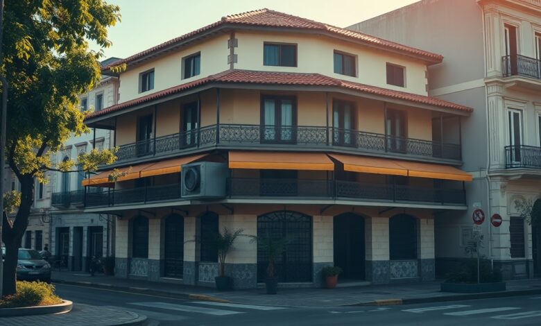 Fachada de edificio residencial antigo numa metropole europeia sob luz natural matinal com varandas tradicionais