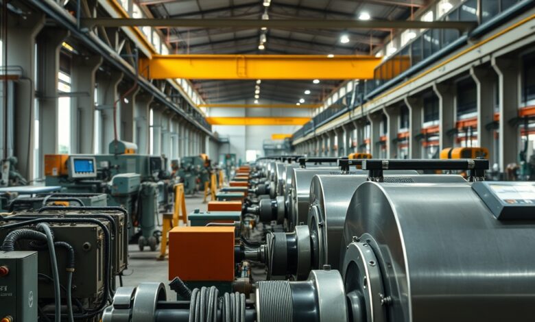 Linha de montagem industrial com maquinaria moderna paralisada num armazém fabril amplo e iluminado.
