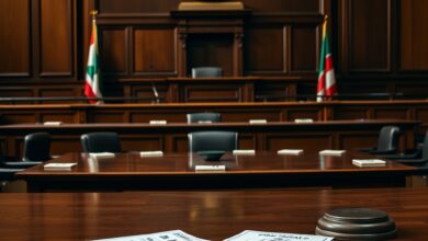 Mesa de plenário judicial com martelo de madeira e pastas de processos jurídicos em tribunal.