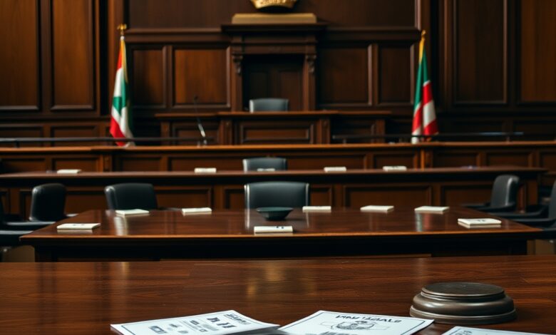 Mesa de plenário judicial com martelo de madeira e pastas de processos jurídicos em tribunal.