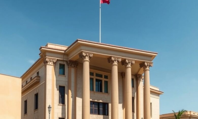 Fachada solene de edifício judicial contemporâneo com colunas de betão e elementos arquitetónicos imponentes em dia límpido.