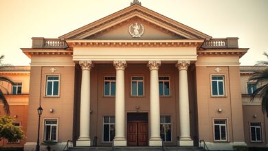 Fachada imponente de tribunal superior com colunas de mármore e símbolo da justiça sob iluminação natural matinal.