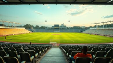 Bancadas vazias de um estádio de futebol regional com relvado desgastado sob luz natural ao fim da tarde.