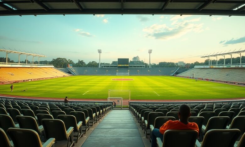 Bancadas vazias de um estádio de futebol regional com relvado desgastado sob luz natural ao fim da tarde.