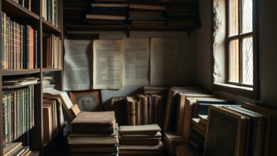 Arquivo histórico com documentos e livros antigos sobre a memória social e identidade moçambicana contemporânea.