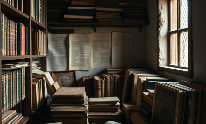 Arquivo histórico com documentos e livros antigos sobre a memória social e identidade moçambicana contemporânea.