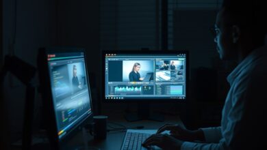 Ecrã de computador exibindo edição de vídeo hiper-realista e gráficos de segurança cibernética em escritório escuro