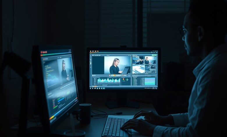 Ecrã de computador exibindo edição de vídeo hiper-realista e gráficos de segurança cibernética em escritório escuro
