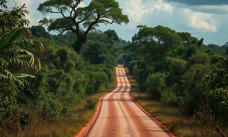 Patrulha de segurança em estrada de terra batida sob vegetação densa no norte de Moçambique.