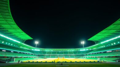 Estádio de futebol moderno iluminado à noite com relvado verde sob holofotes intensos e bancadas repletas