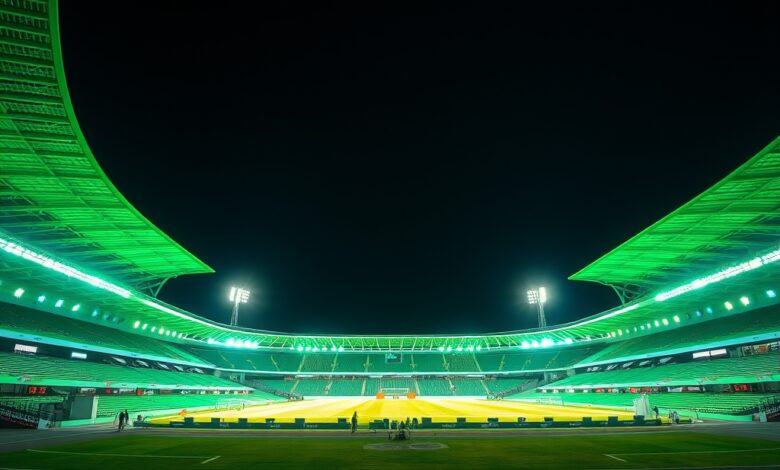 Estádio de futebol moderno iluminado à noite com relvado verde sob holofotes intensos e bancadas repletas