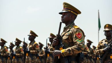 Militares em formatura solene durante cerimónia cívica sob céu limpo em parada militar representativa.