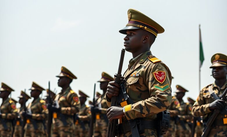 Militares em formatura solene durante cerimónia cívica sob céu limpo em parada militar representativa.