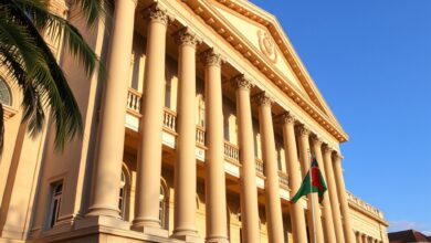 Fachada imponente de edificio governamental com colunas neoclassicas sob ceu limpo simbolizando o poder diplomatico e internacional