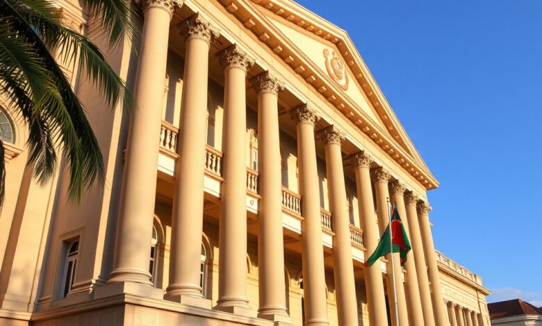 Fachada imponente de edificio governamental com colunas neoclassicas sob ceu limpo simbolizando o poder diplomatico e internacional