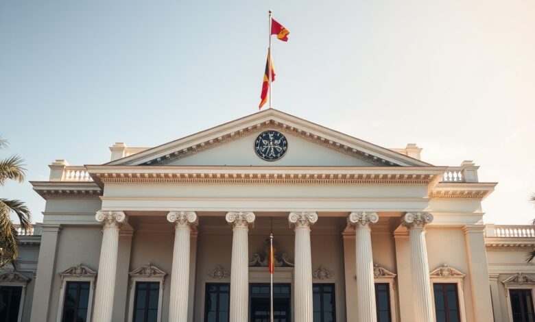 Fachada imponente de tribunal superior com colunas clássicas representando a justiça e o direito sob luz natural.