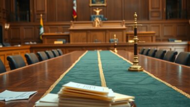 Bancada judicial de um tribunal superior com pastas processuais e martelo simbólico sobre a mesa.