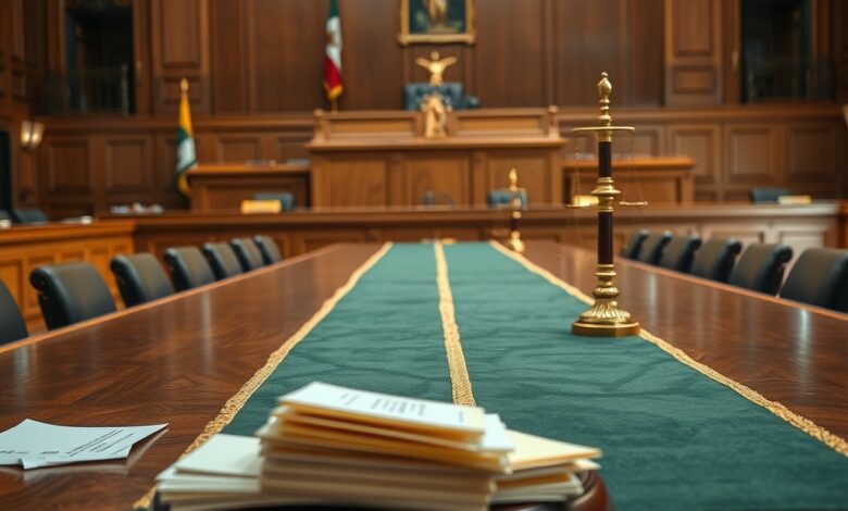 Bancada judicial de um tribunal superior com pastas processuais e martelo simbólico sobre a mesa.