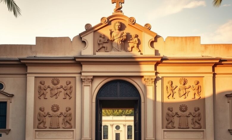 Portão monumental de um palácio real africano com símbolos tradicionais esculpidos sob luz natural suave.