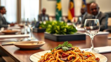 Pasta diplomática sobre mesa de madeira ao lado de papéis oficiais num ambiente formal de reunião governamental.
