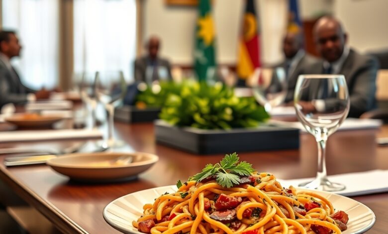 Pasta diplomática sobre mesa de madeira ao lado de papéis oficiais num ambiente formal de reunião governamental.