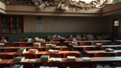 Sala de aula vazia com carteiras escolares e livros danificados apos um terramoto devastador num cenario de destruicao.