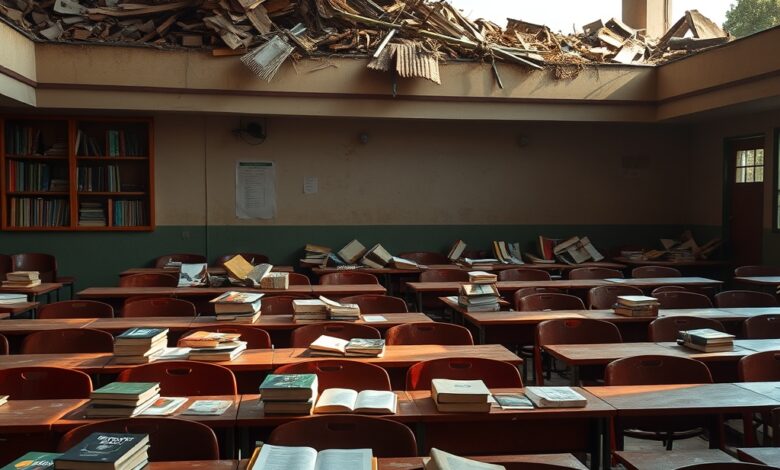 Sala de aula vazia com carteiras escolares e livros danificados apos um terramoto devastador num cenario de destruicao.