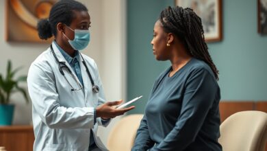 Profissional de saúde atende utente numa sala de consulta médica com ambiente sereno e acolhedor.