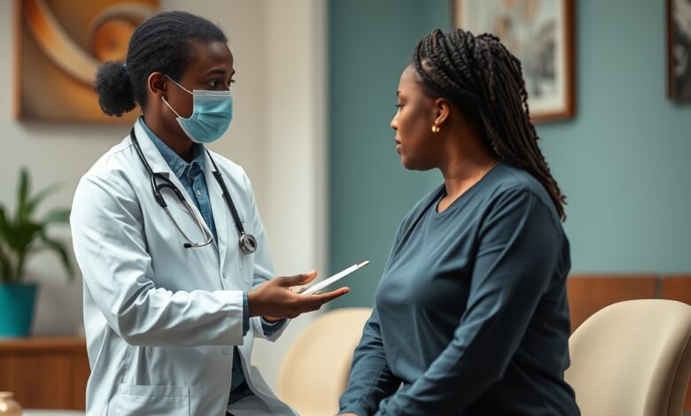 Profissional de saúde atende utente numa sala de consulta médica com ambiente sereno e acolhedor.