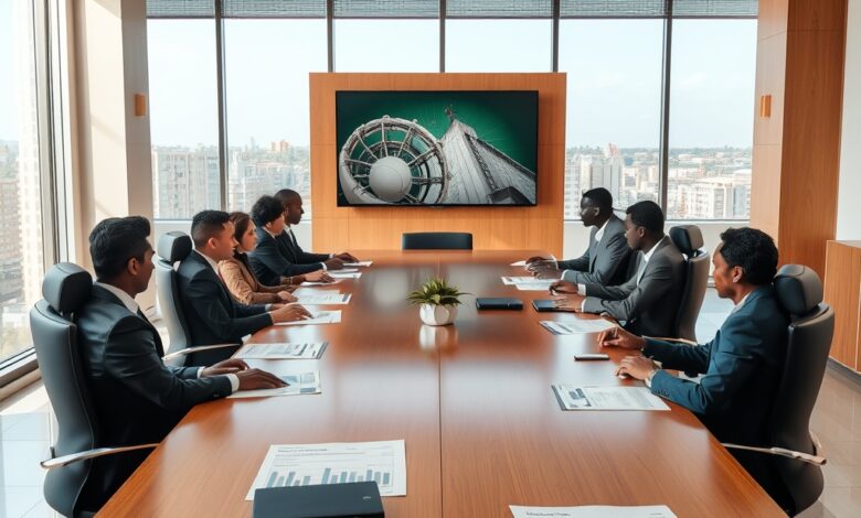 Reunião de planeamento financeiro com gráficos empresariais e documentos sobre uma mesa de escritório moderno.