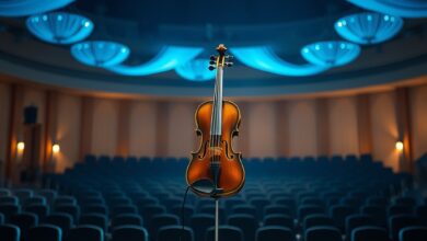 Palco de concerto iluminado por holofotes azuis com um violão solitário apoiado em pedestal de estúdio.