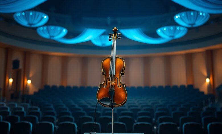 Palco de concerto iluminado por holofotes azuis com um violão solitário apoiado em pedestal de estúdio.
