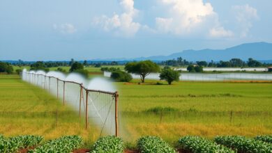 Campo agrícola com sistema de irrigação em Moçambique durante período de seca climática moderada.