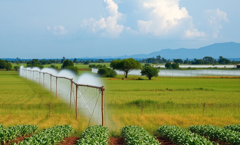 Campo agrícola com sistema de irrigação em Moçambique durante período de seca climática moderada.