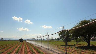 Paisagem rural com sistema de irrigação agrícola sob céu ensolarado em terreno semiárido africano.
