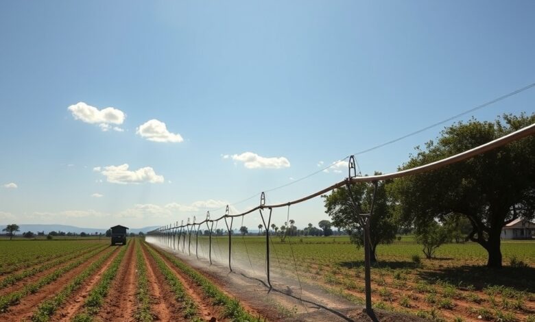 Paisagem rural com sistema de irrigação agrícola sob céu ensolarado em terreno semiárido africano.