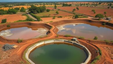 Paisagem rural moçambicana com reservatório de água e campos agrícolas preparados para enfrentar a seca extrema.