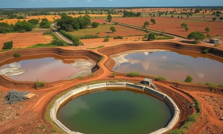 Paisagem rural moçambicana com reservatório de água e campos agrícolas preparados para enfrentar a seca extrema.