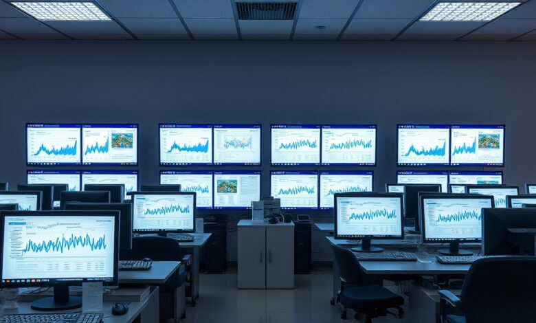 Urna eleitoral de votação e computadores com gráficos estatísticos detalhados em ambiente neutro de análise de dados