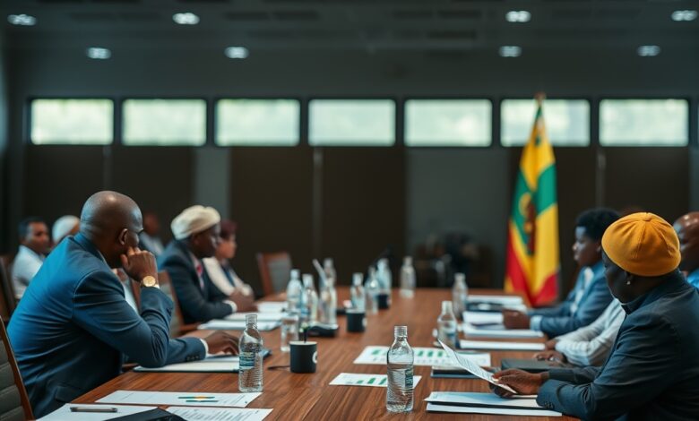 Urna de votação e gráficos estatísticos num ecrã digital sobre mesa de conferência política.